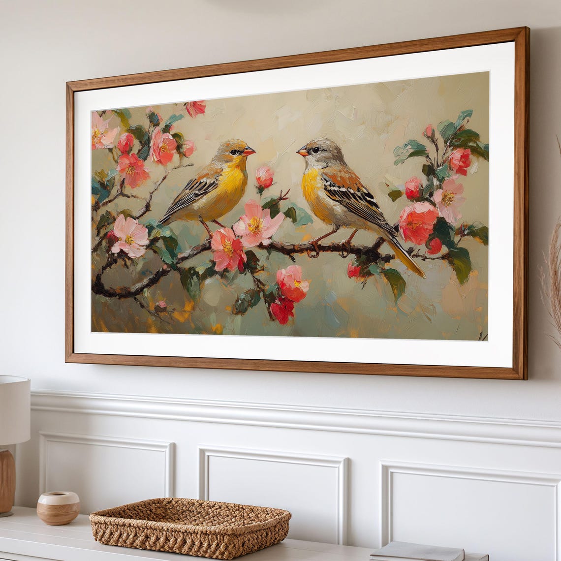 Pair Of Yellow Finches On Pink Blossom Branch Spring Nature Poster - Image 2