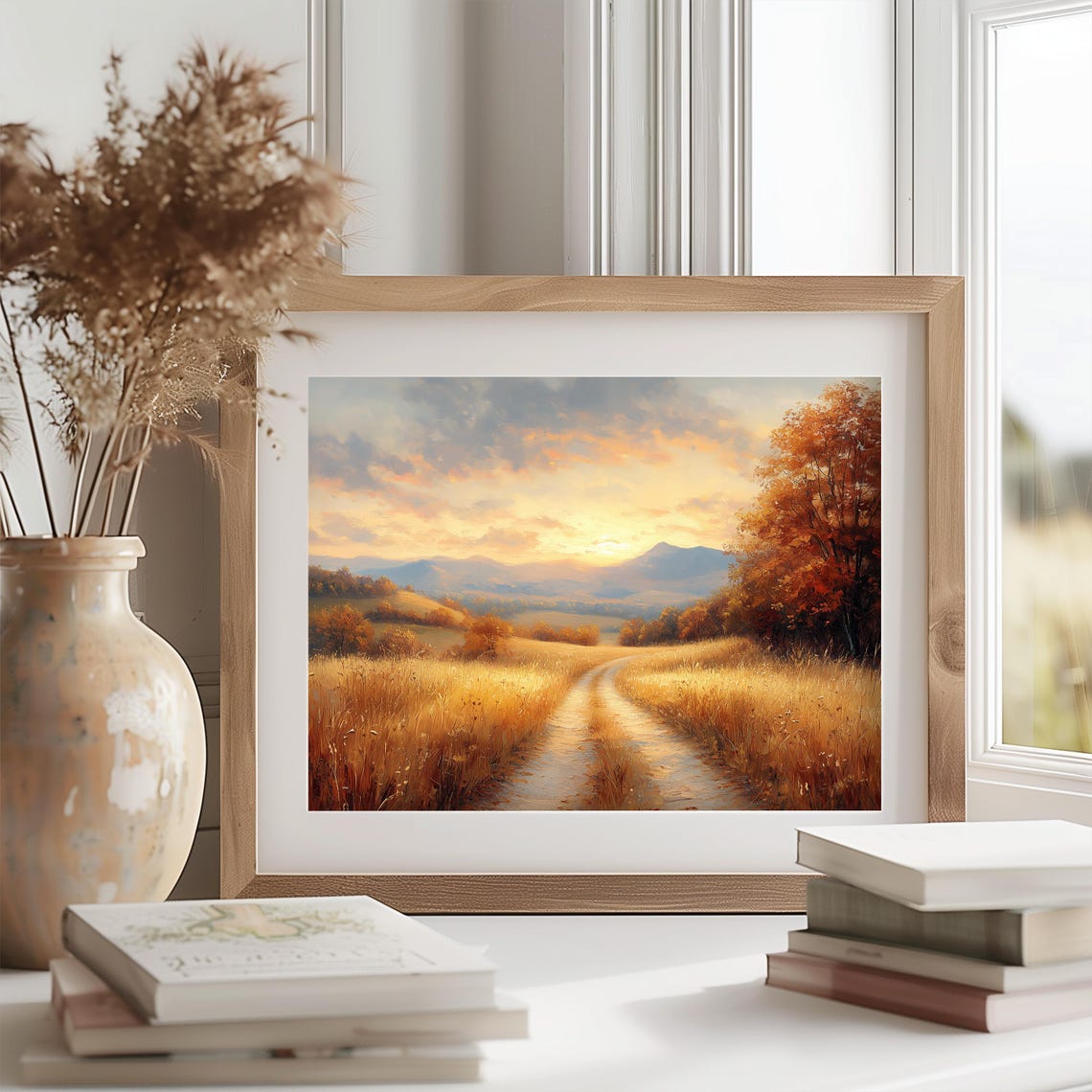 Golden Fields Dirt Road Sunset Mountain Horizon Painting Print - Image 2