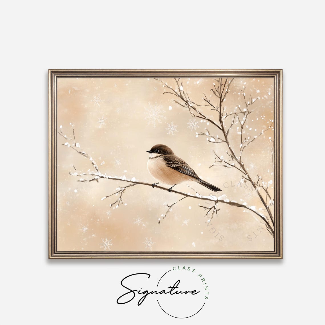 Chickadee on Snowy Branch Blush Pink Winter Bird Artwork Poster - Image 4