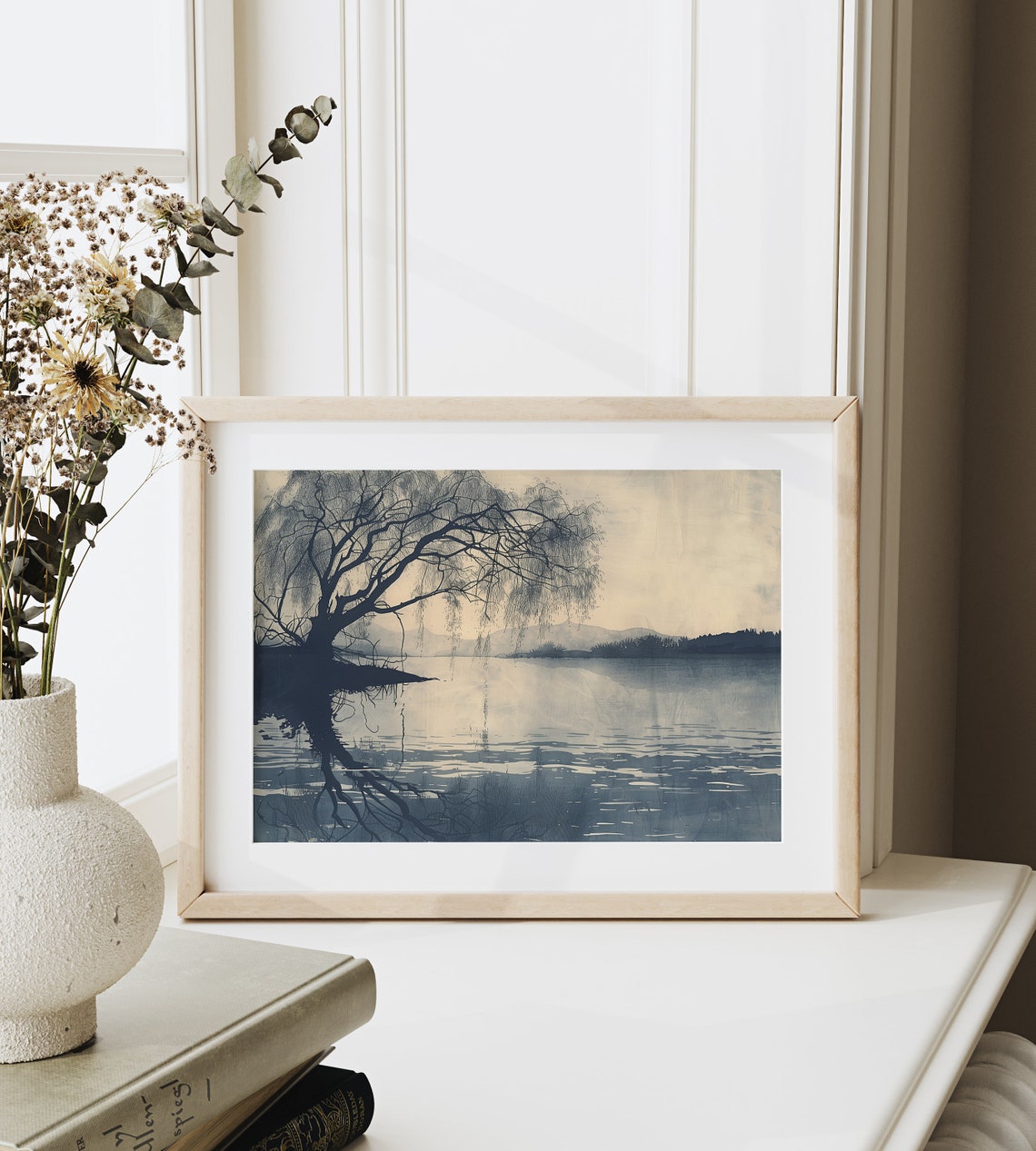Willow Tree Over Calm Lake in Blue Grey Tones Vintage Art Poster - Image 6