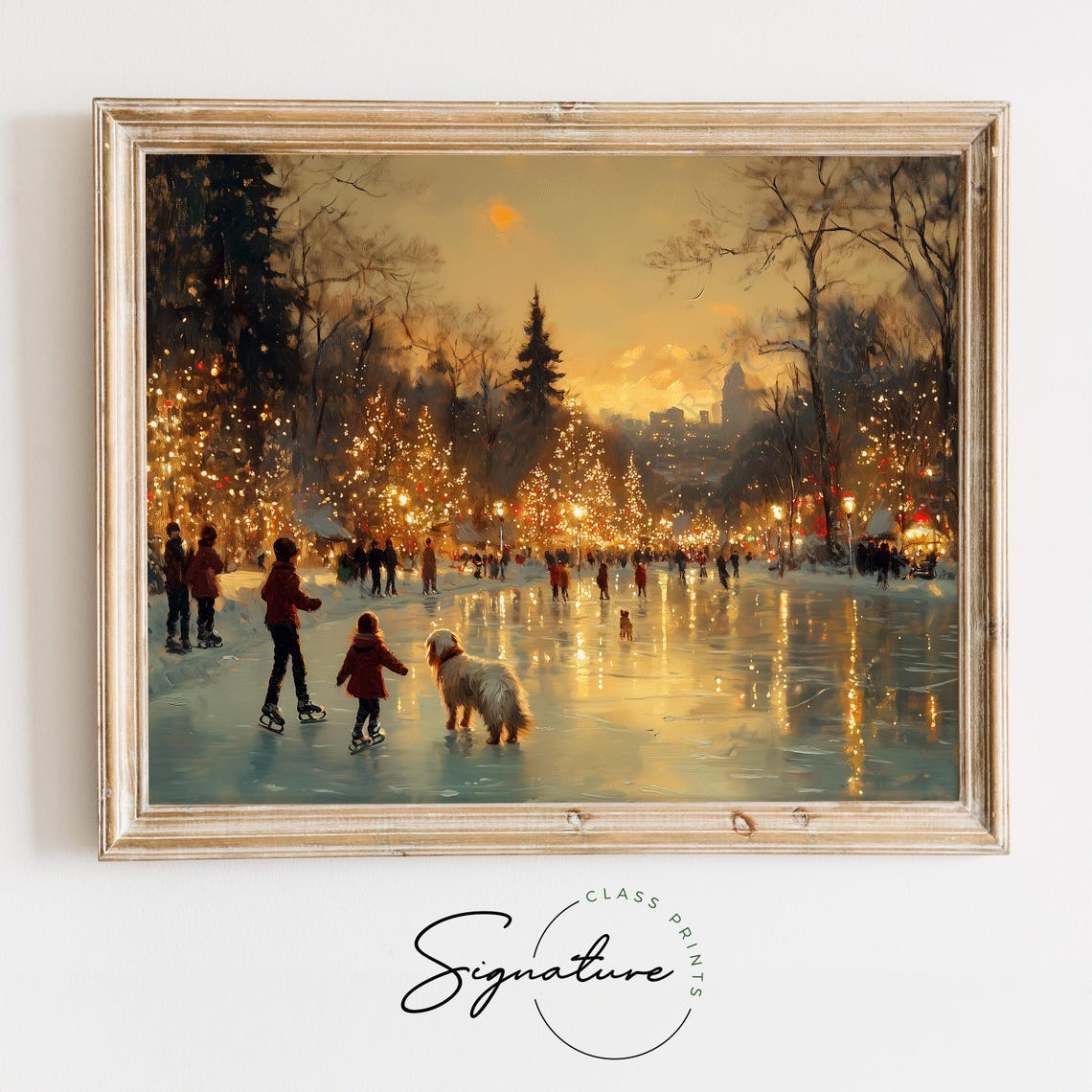 Children Ice Skating at Sunset on Outdoor Rink with Fluffy Dog Poster
