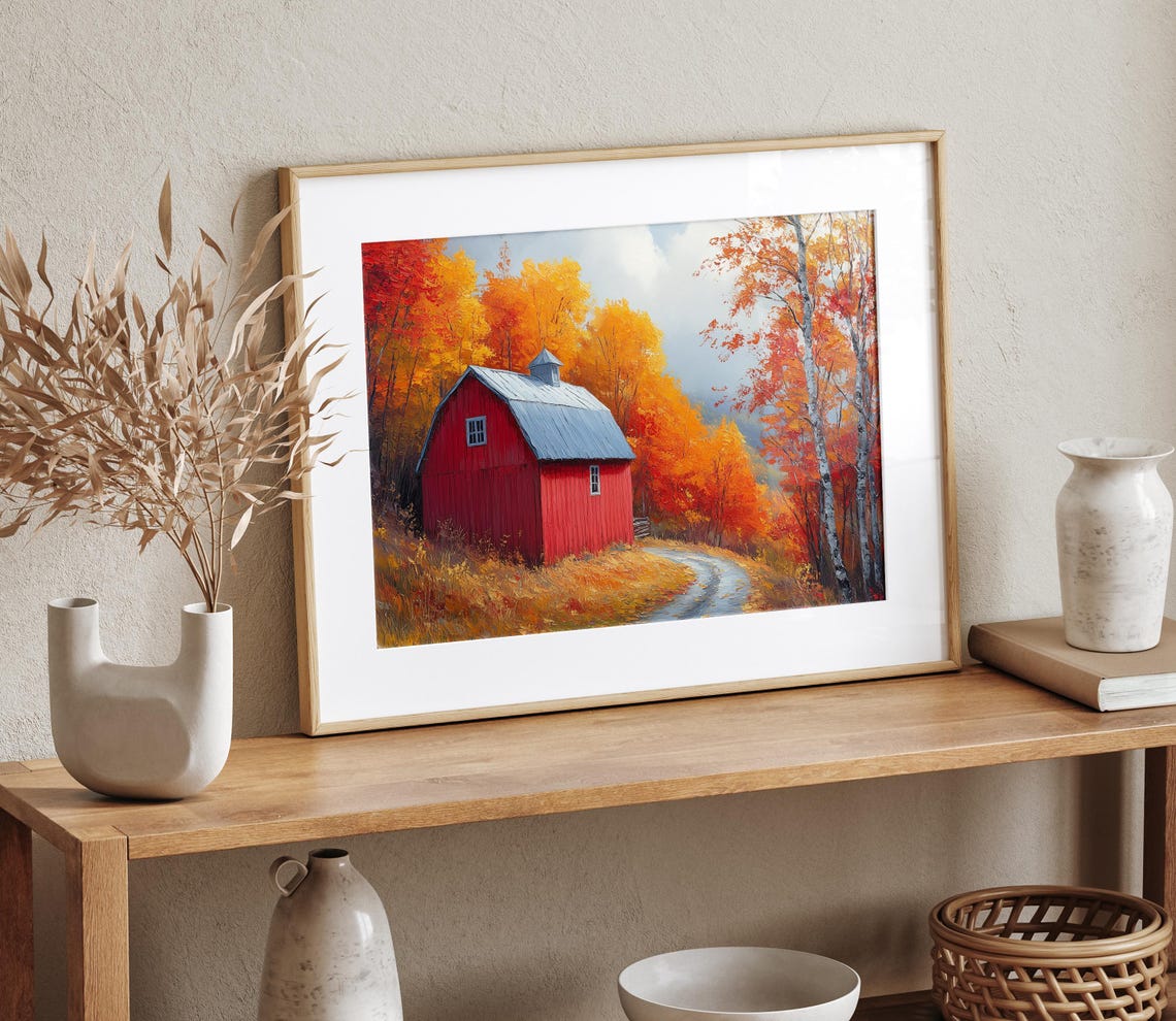 Red Barn Autumn Birches Fall Foliage Rustic Farm Lane Wall Art - Image 4