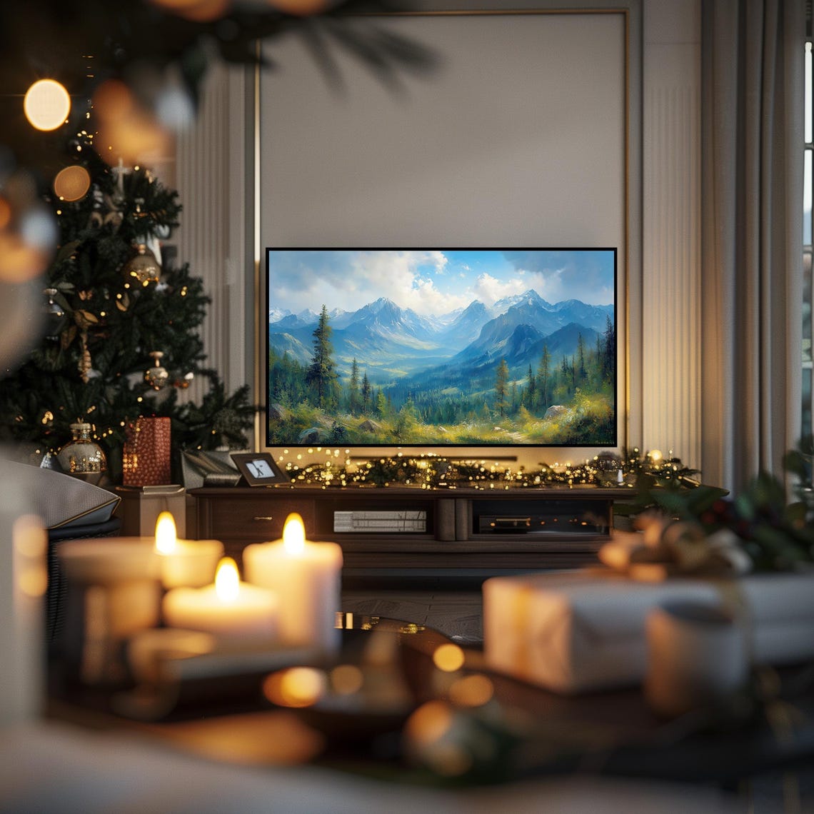 Blue Mountain Valley With Tall Pines Serene Frame TV Wall Art - Image 3