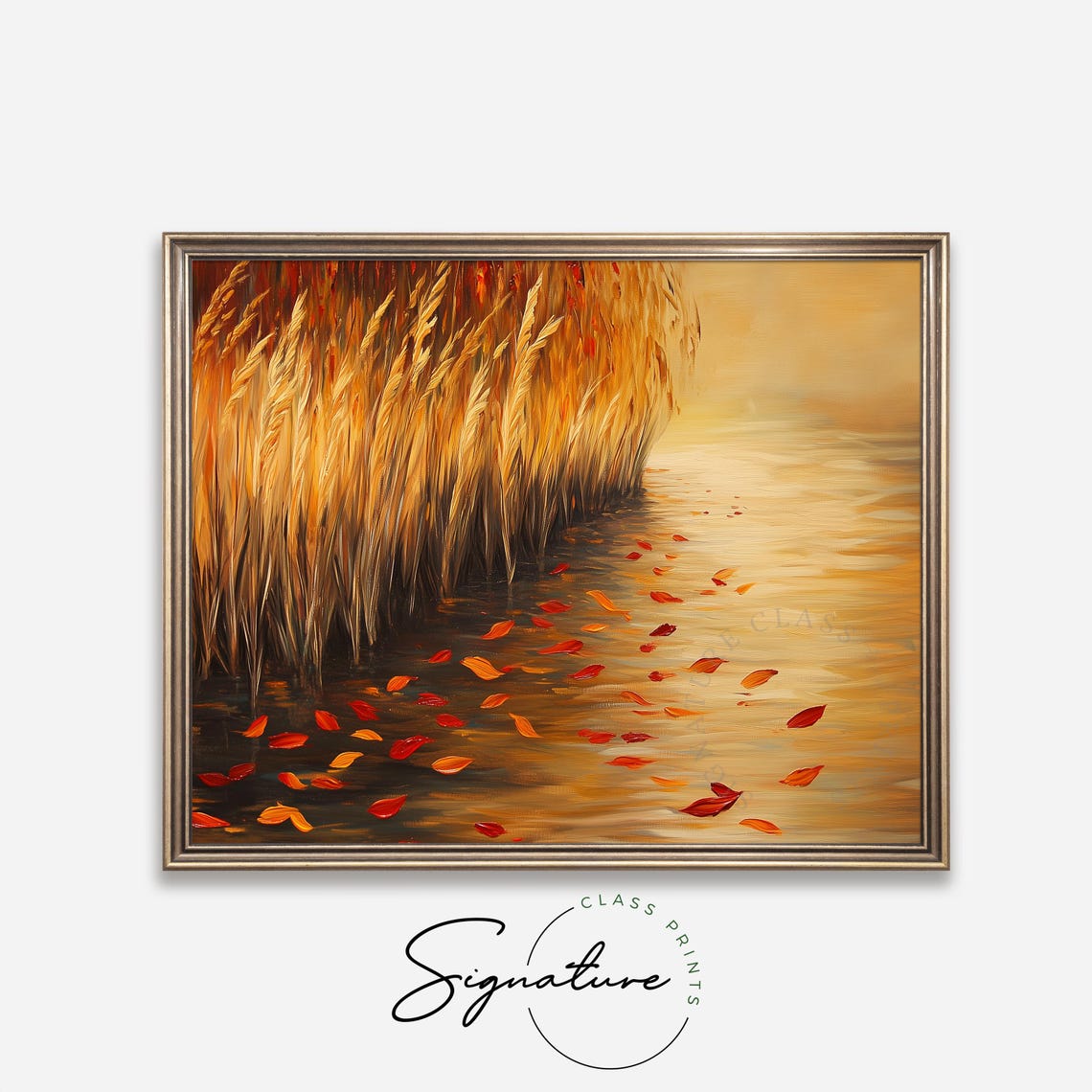 Golden Autumn Reeds By The Water With Floating Leaves Lakeside Poster - Image 4