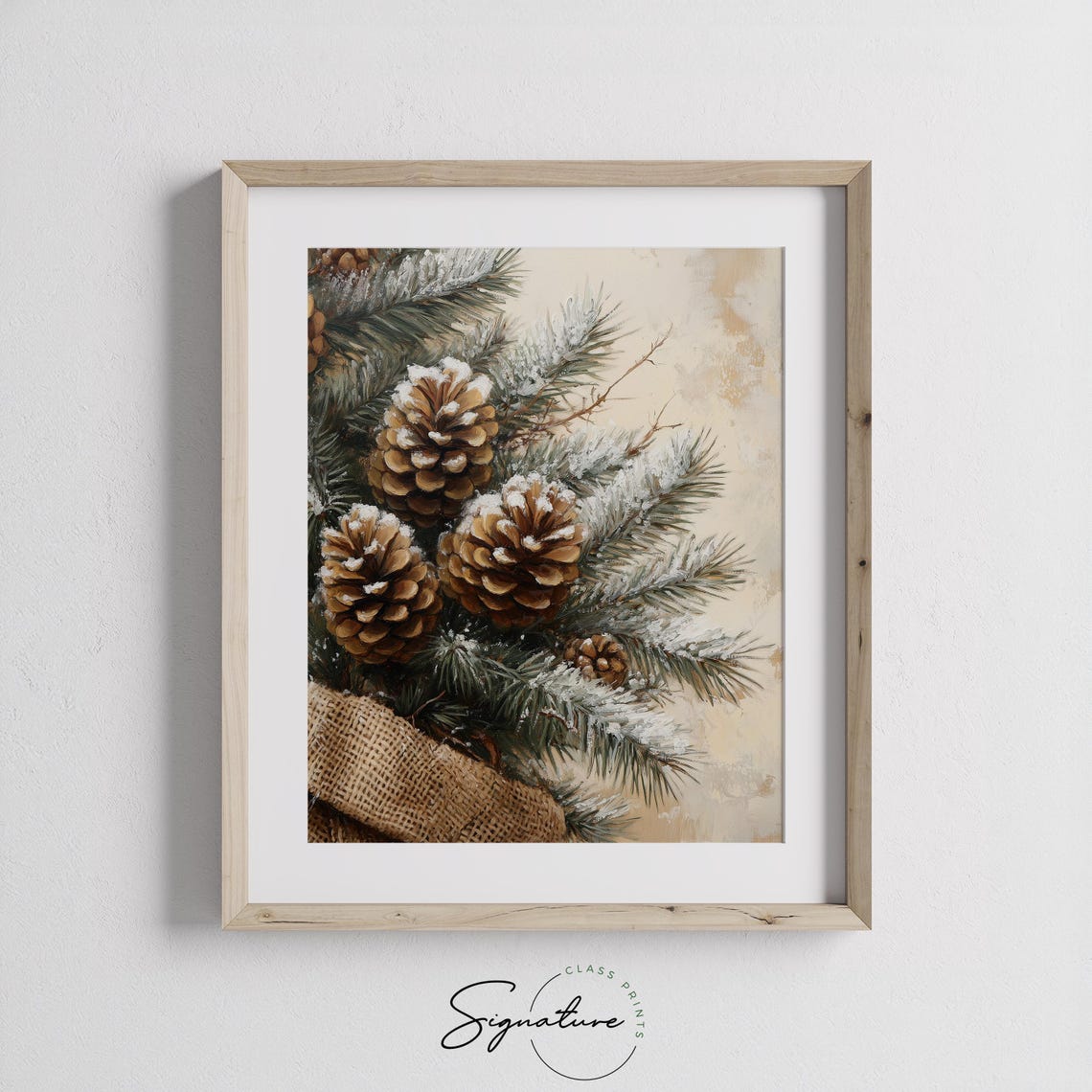 Snowy Pinecones And Evergreen Branches With Burlap Wrap Poster - Image 2