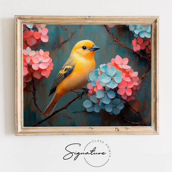 Goldfinch Perched On Hydrangeas Teal Vintage Bird Frame Art Print
