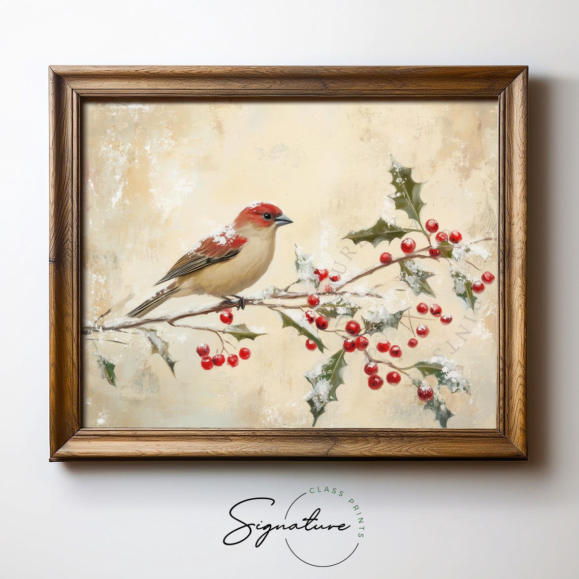 Rosy House Finch With Snowy Branches And Red Holly Winter Print - Image 5