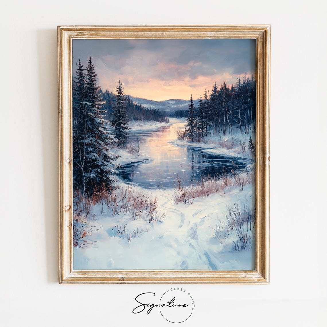Frozen Lake In Snowy Pine Forest At Sunset Winter Art Poster