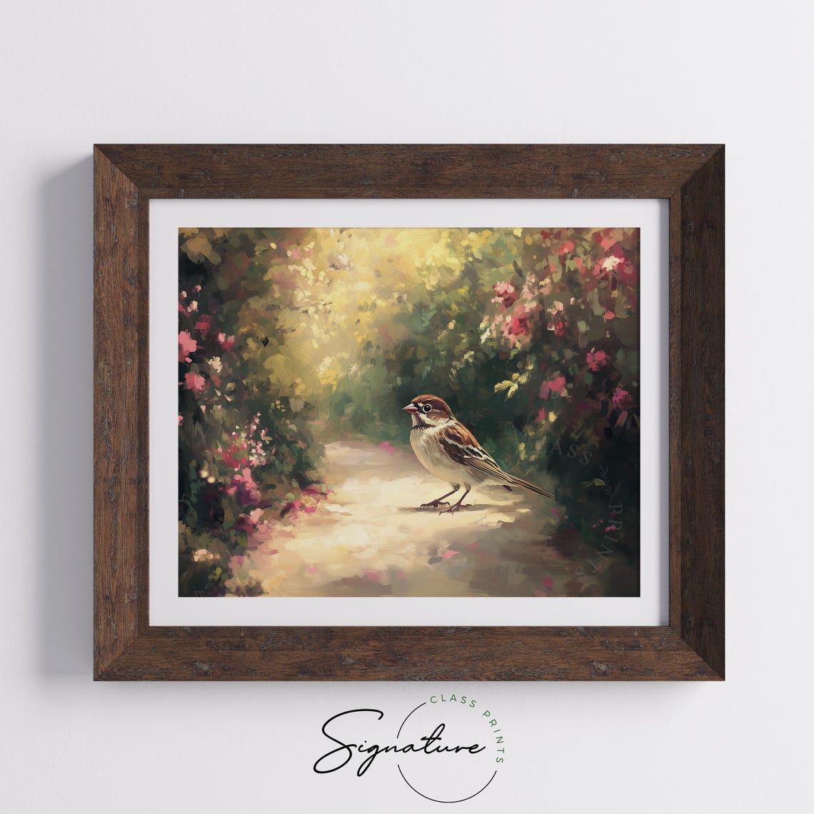 Sparrow On Sunlit Garden Path Among Pink Spring Blossoms Poster - Image 3