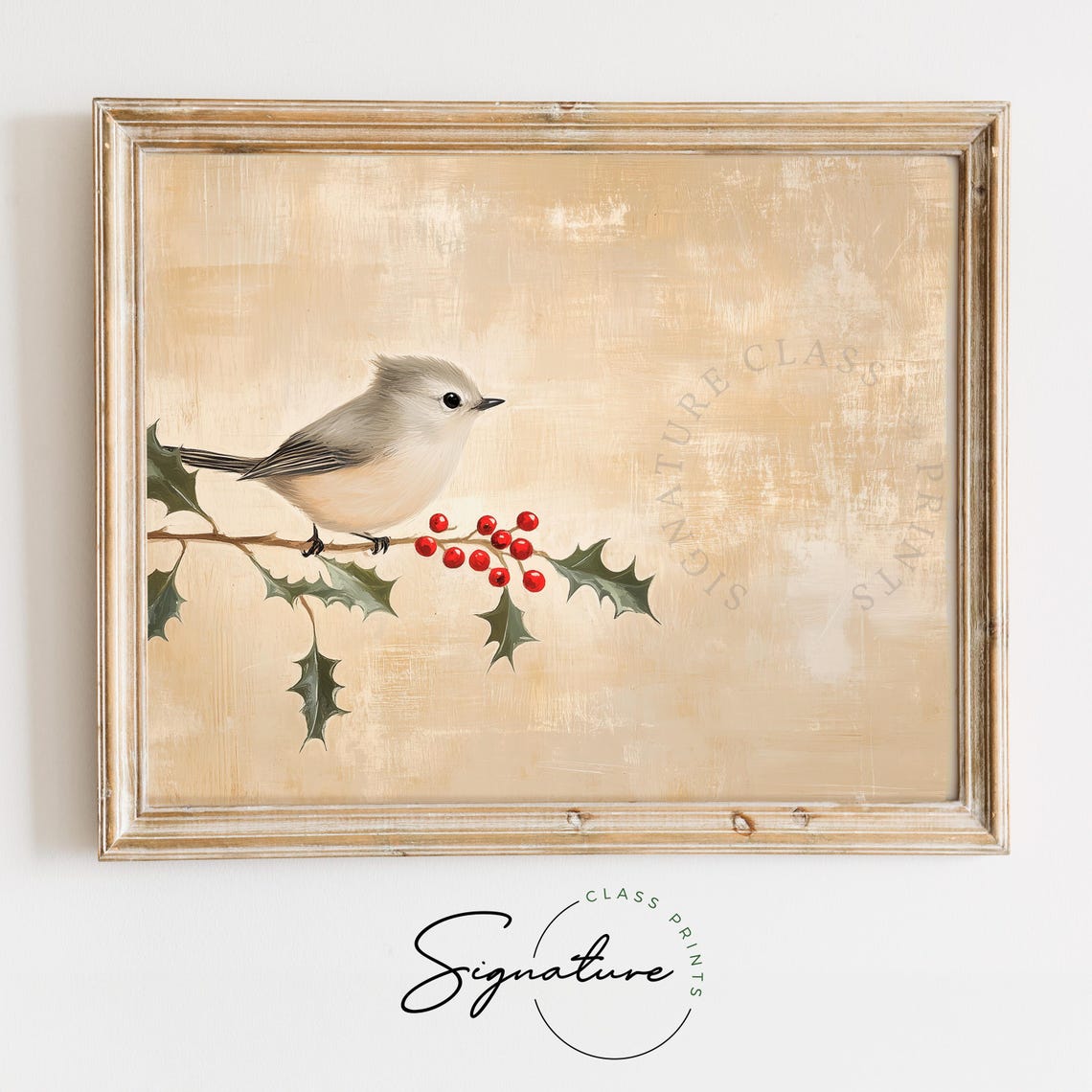 Tufted Titmouse on Holly Branch Red Berries Winter Bird Art Poster