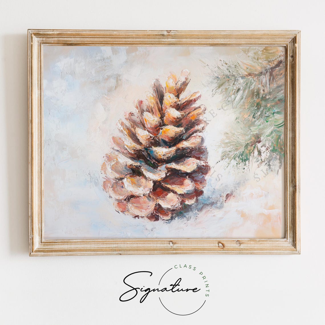Large Pinecone With Snowy Pine Branch Vintage Winter Art Poster