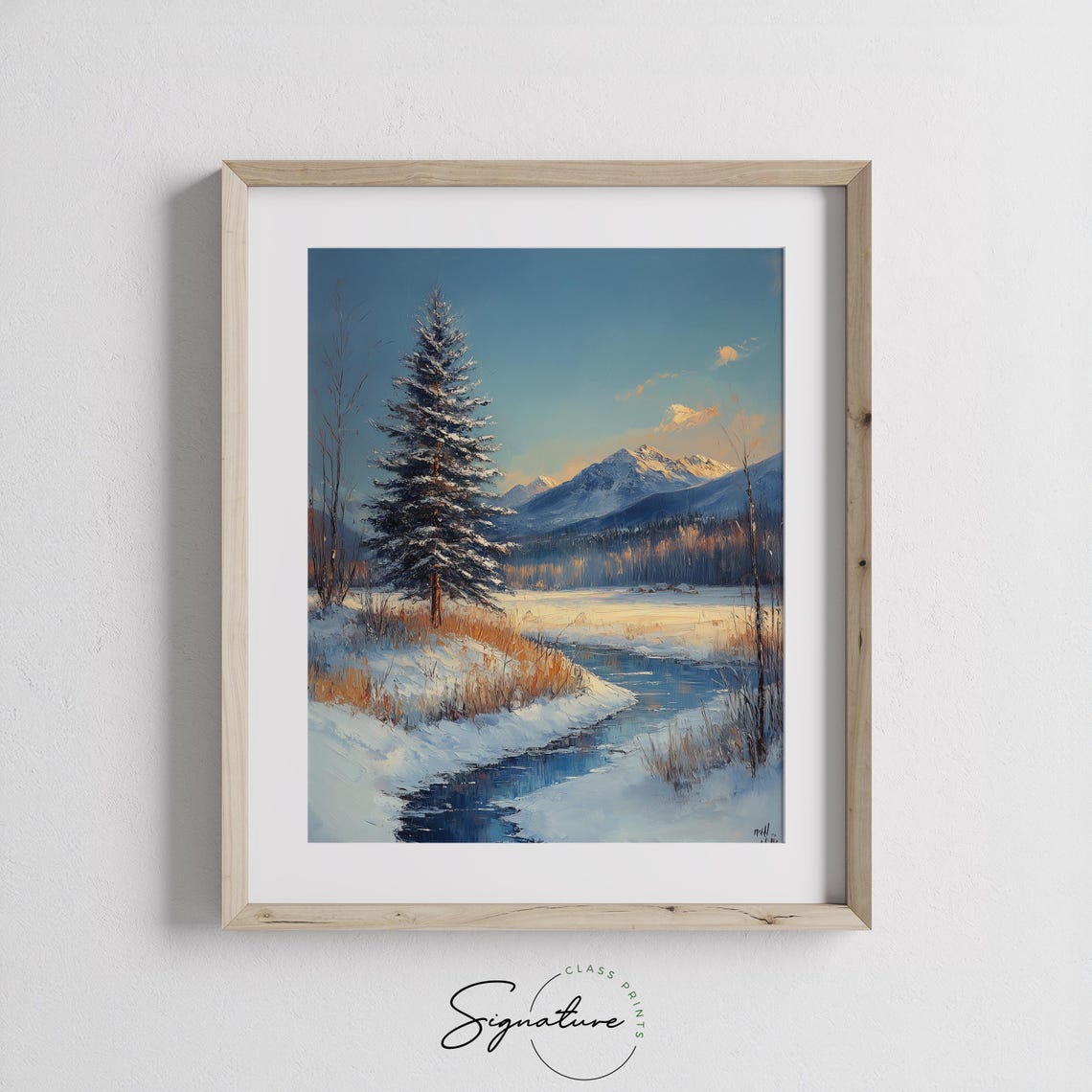 Snowy Mountain Stream with Lone Pine under Golden Sunset Poster - Image 2