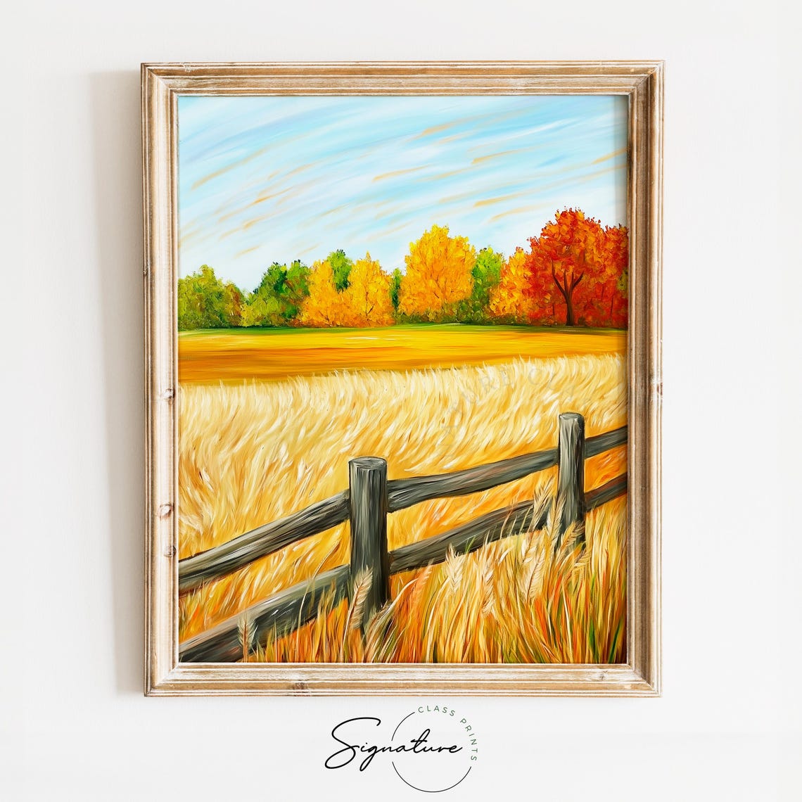 Rustic Rail Fence Bordering Golden Field of Fall Colors Poster