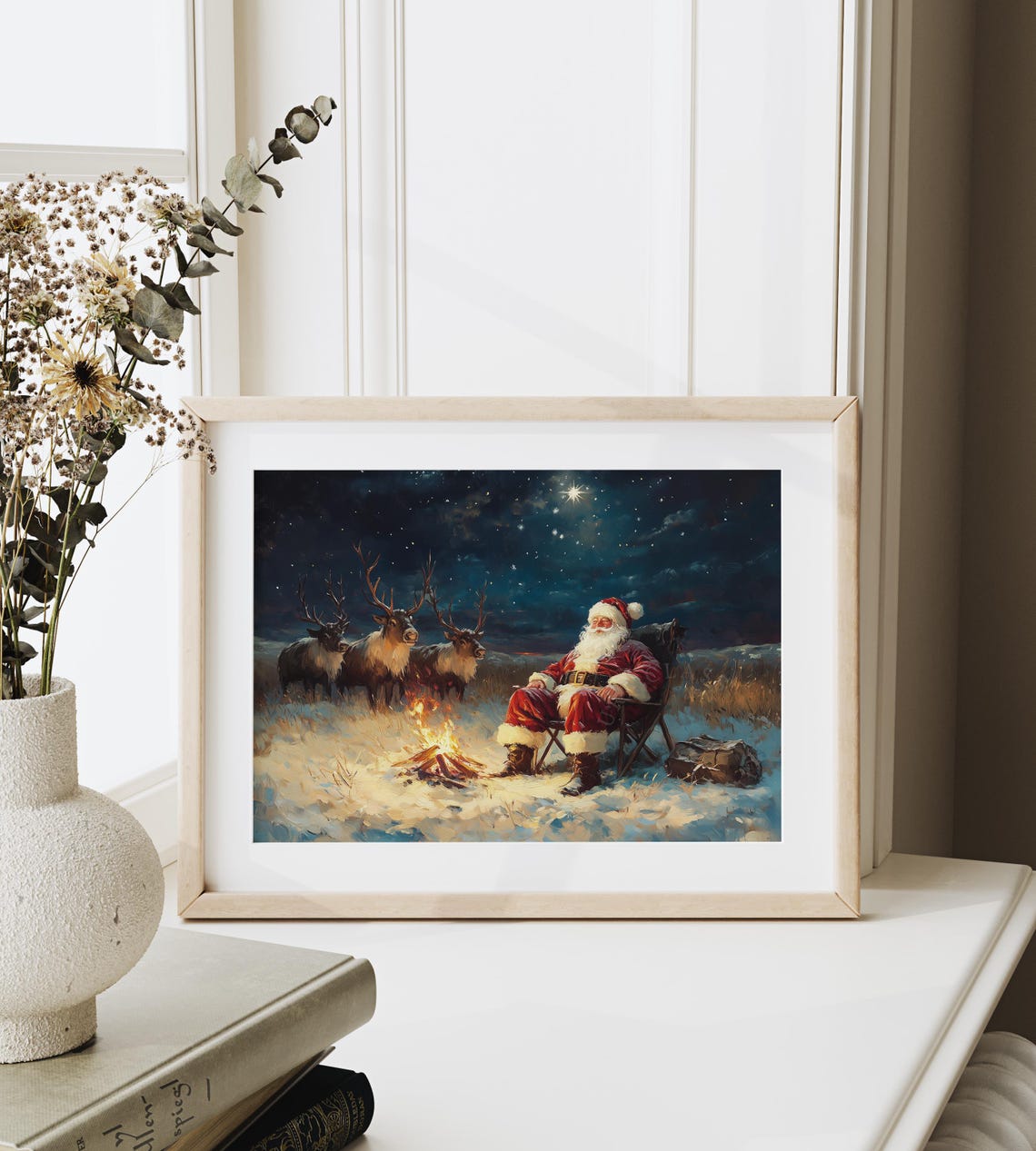 Santa Claus By Campfire With Reindeer Under A Starry Night Poster - Image 6