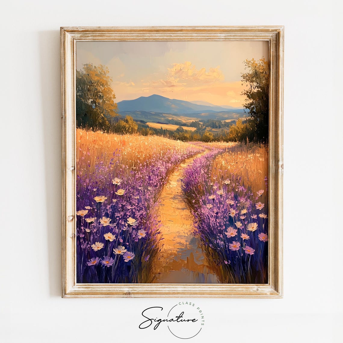 Golden Meadow Path Purple Wildflowers Sunset Mountain Print Poster