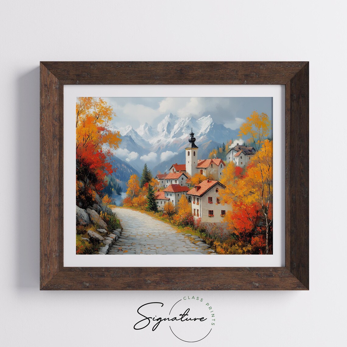 Alpine Village Church Snowy Peaks Autumn Oil Painting Travel Poster - Image 5