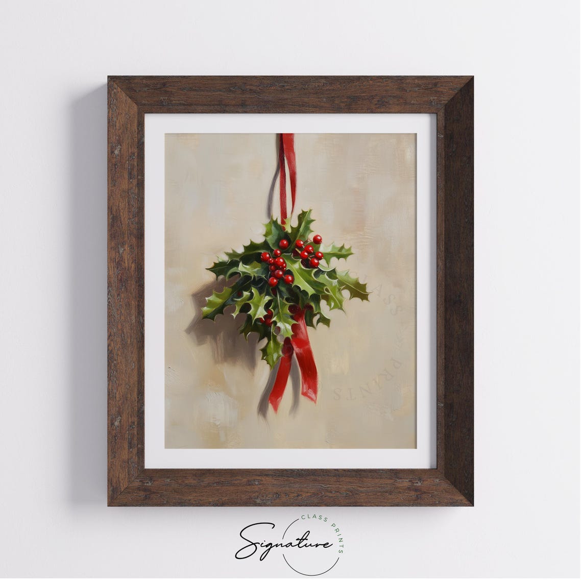 Hanging Holly Bouquet with Red Ribbon Christmas Botanical Poster - Image 3