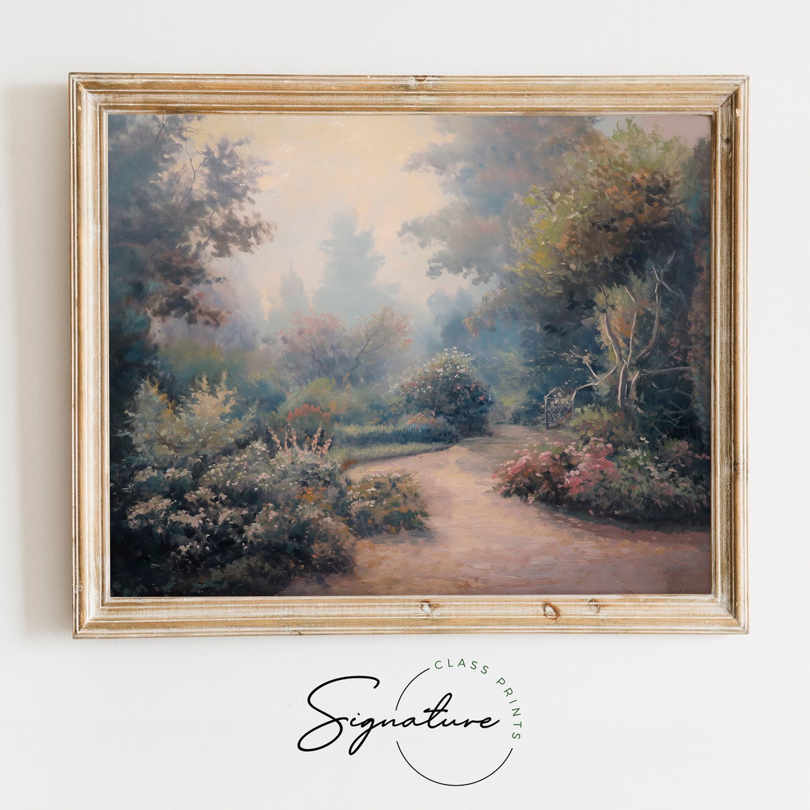 Misty Garden Path with Flowering Bushes Dreamy Impressionist Poster