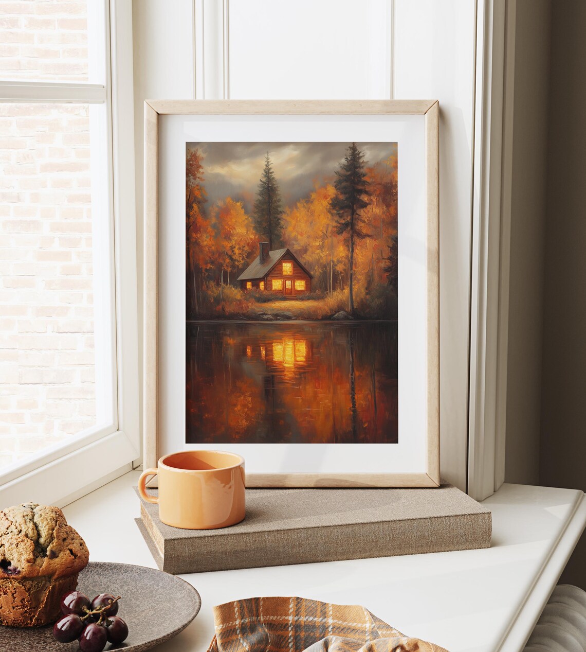 Cozy Autumn Cabin by the Lake Vintage Art Print - Image 6
