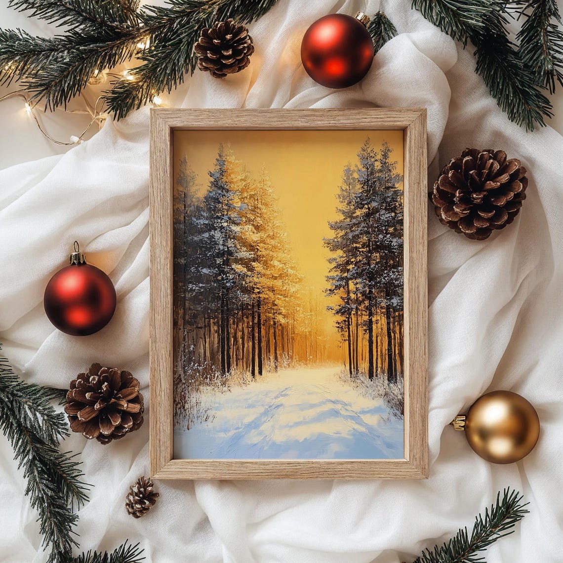 Golden Sunset Light on Snowy Forest Path Winter Scene Poster - Image 4