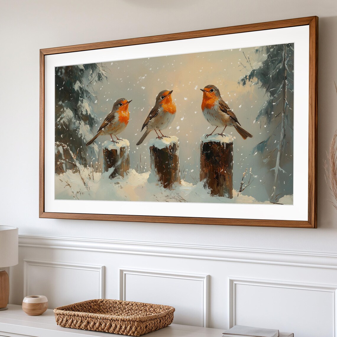 Three Robins On Snowy Posts In Falling Snow Winter Bird Painting Poster - Image 2