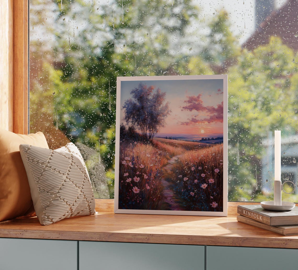 Rolling Meadow Path With Blooming Pink Flowers Romantic Sunset Poster - Image 5