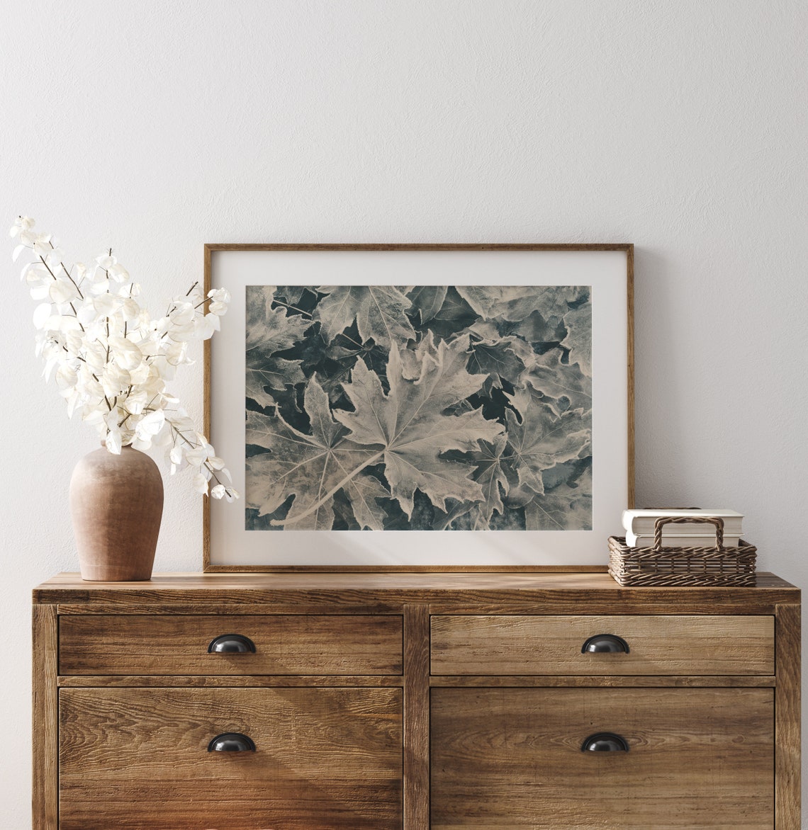 Frosted Maple Leaves in Cyan Blue Botanical Winter Scene Poster - Image 3
