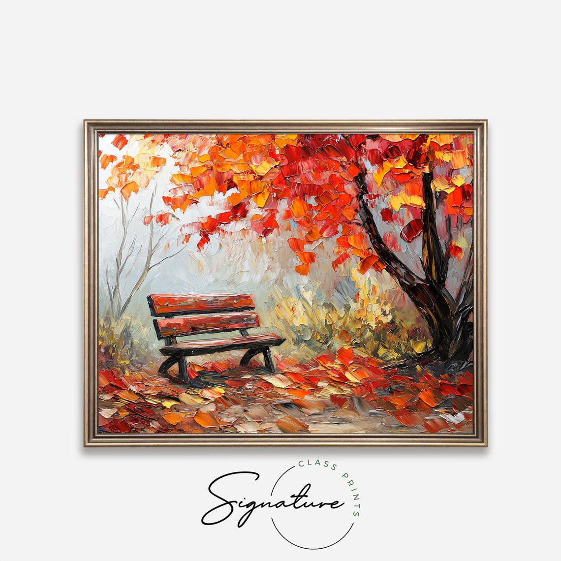 Autumn Park Bench Painting Red Maple Tree Vibrant Fall Leaves Poster - Image 4