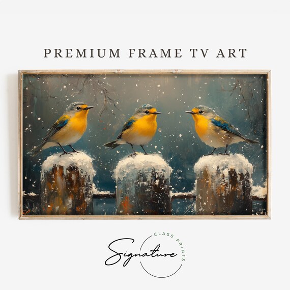 Colorful Songbirds On Snowy Fence Posts In Falling Snow Poster