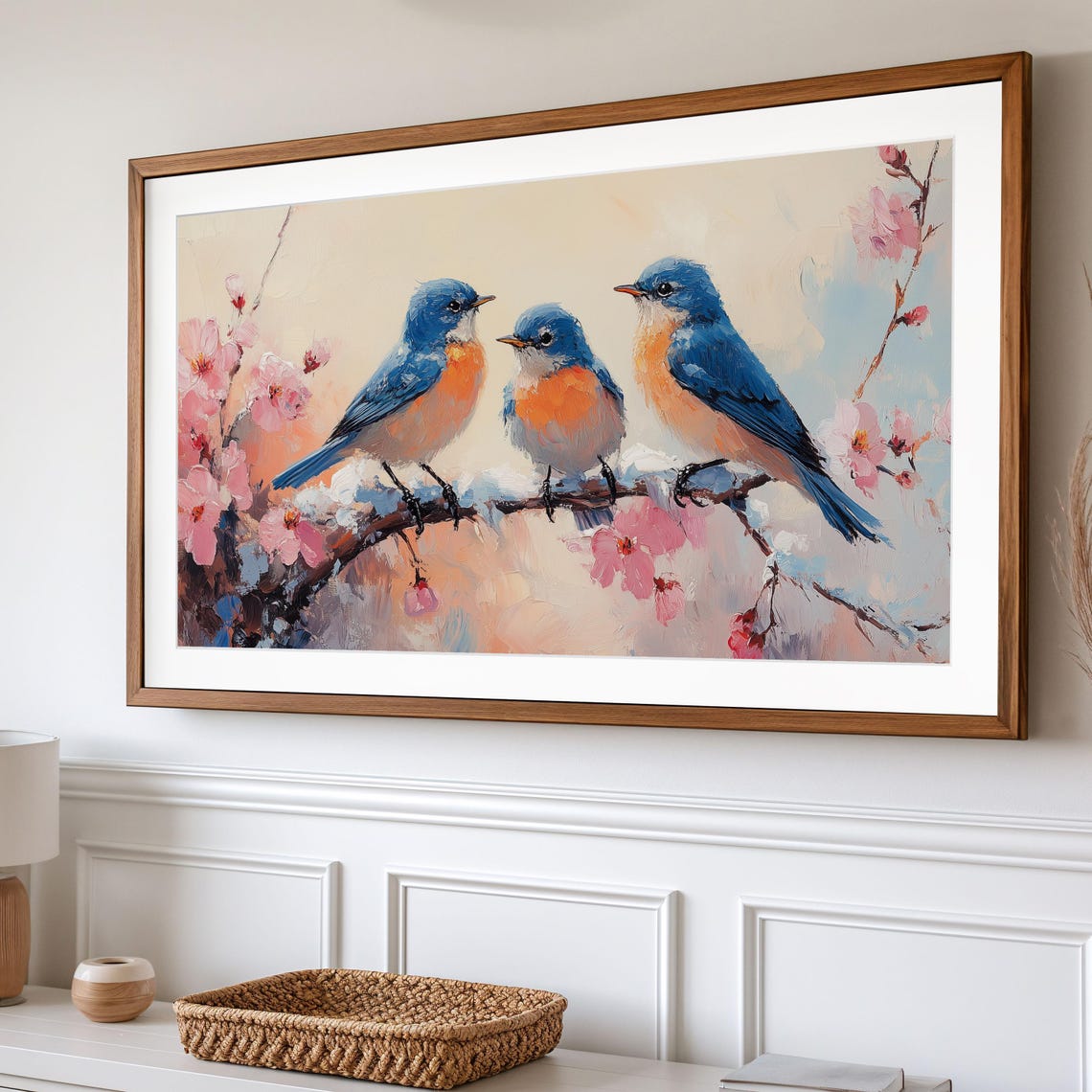 Three Bluebirds On Snowy Blossom Branch In Soft Winter Poster - Image 2