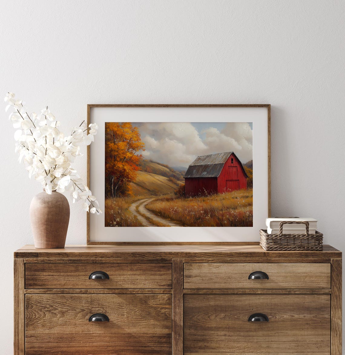 Red Barn Autumn Road Rolling Hills Fall Farmhouse Landscape Wall Art - Image 3