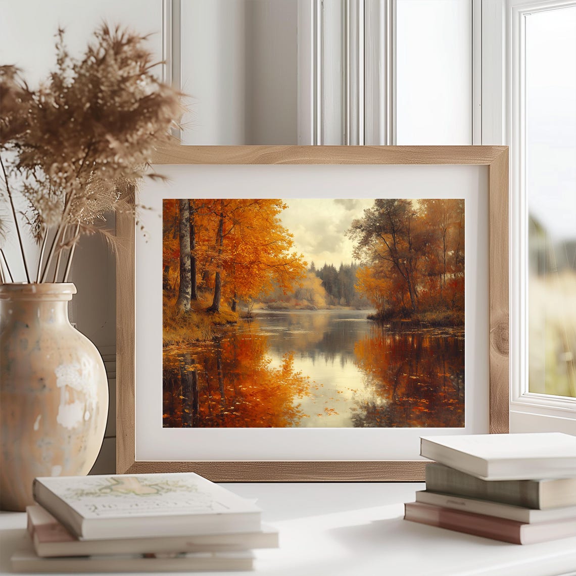 Burning Orange Trees Reflected in a Still Autumn River Poster - Image 2