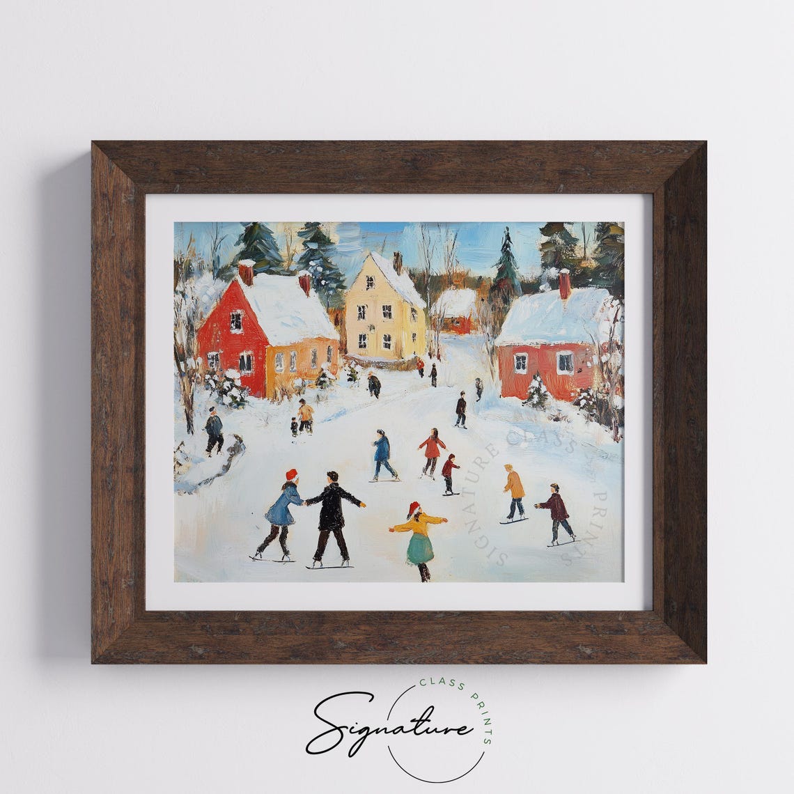Village Ice Skaters On A Snowy Pond Impressionist Winter Art Poster - Image 5