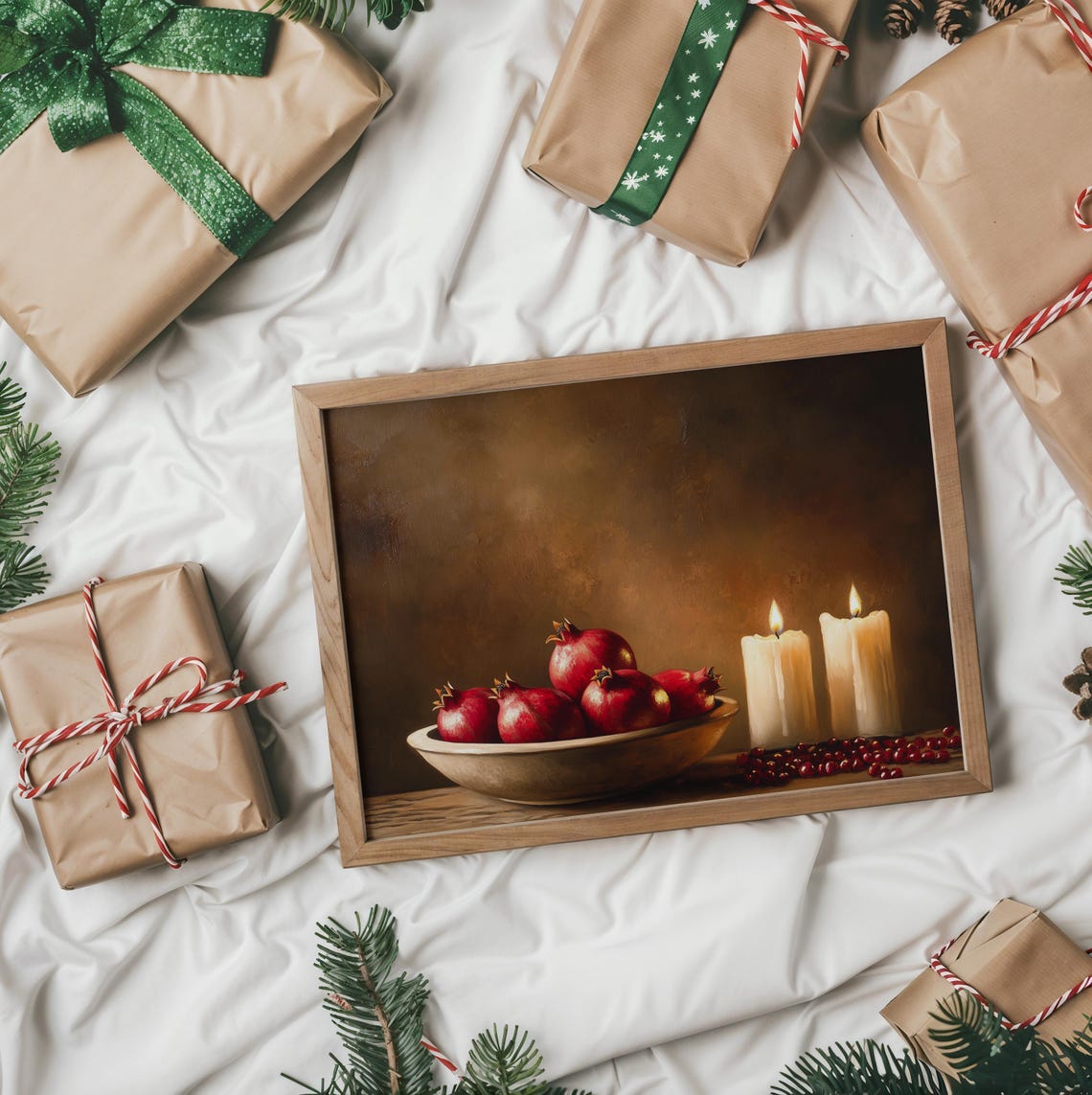 Pomegranates And Candles With Cranberries Holiday Still Life Poster - Image 2