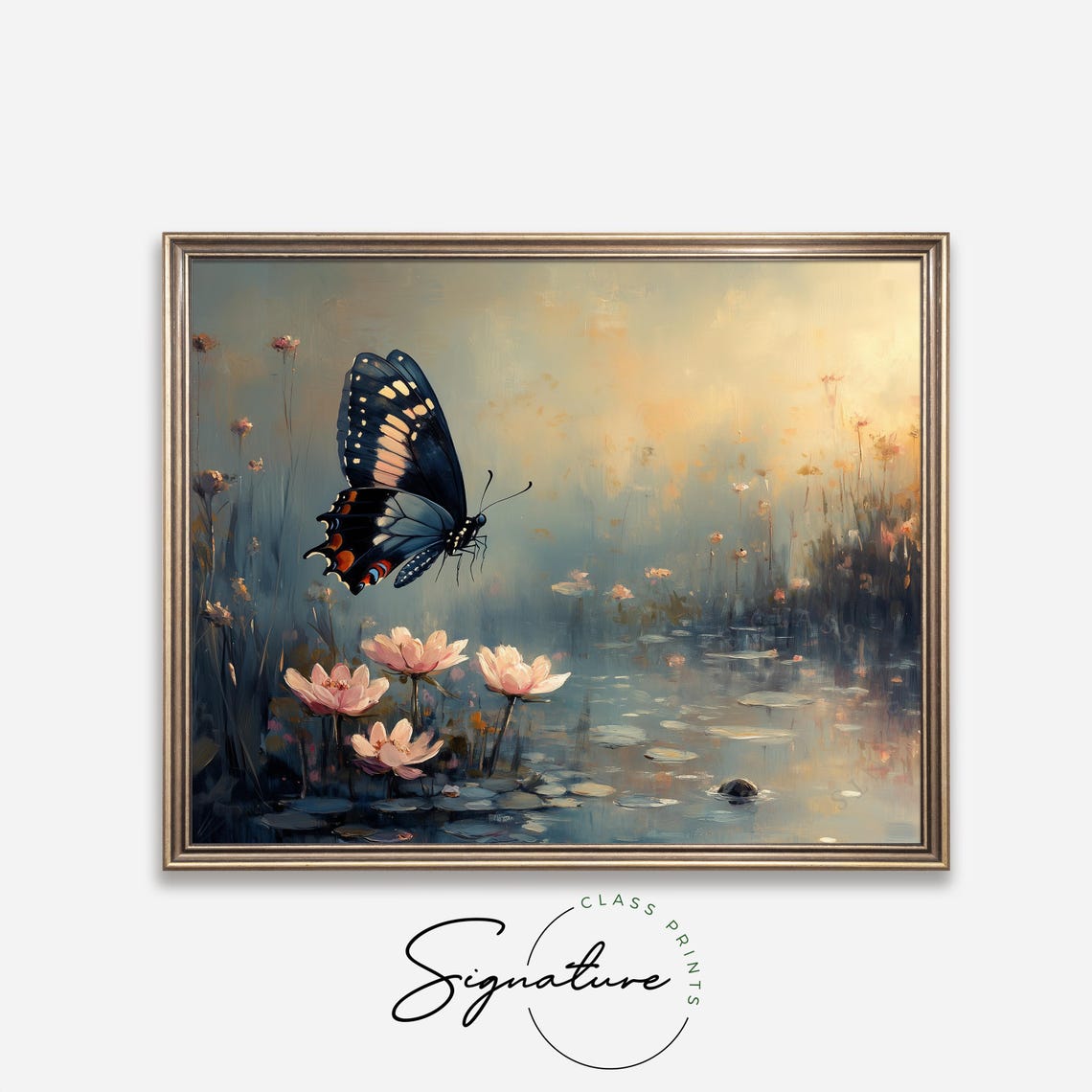 Midnight Blue Butterfly Over Lotus Pond Twilight Dreamy Wall Art - Image 4