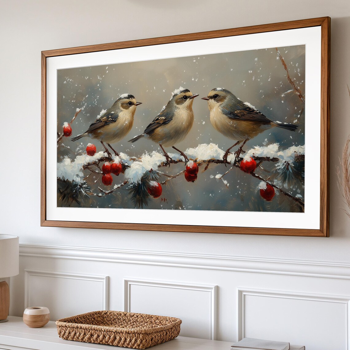 Goldcrest Trio Snowy Branch Red Berries Winter Birds Falling Snow Poster - Image 2