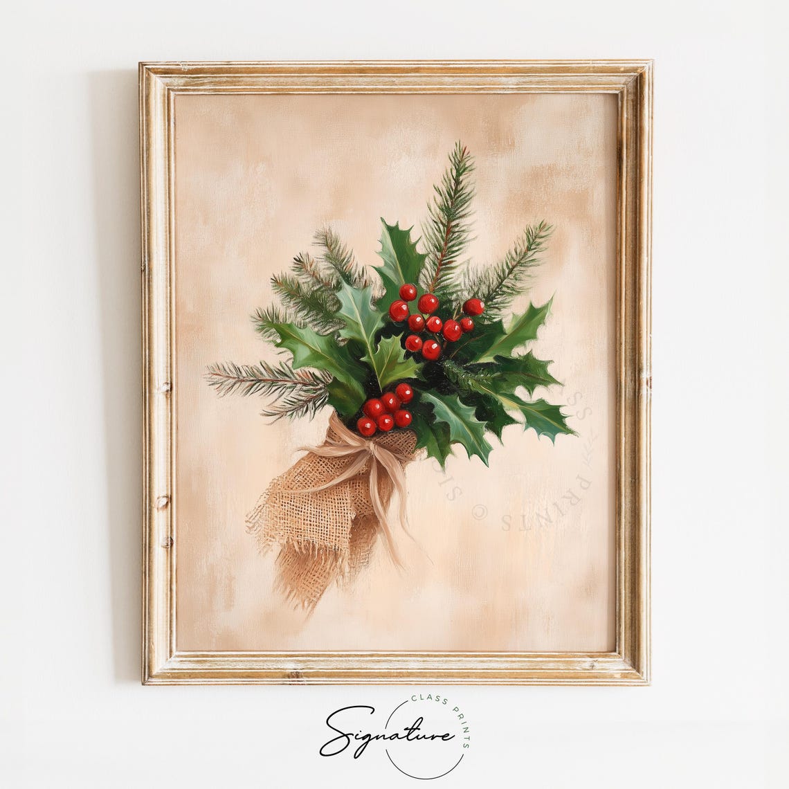 Holly and Pine Sprig Bouquet Wrapped in Burlap Christmas Poster