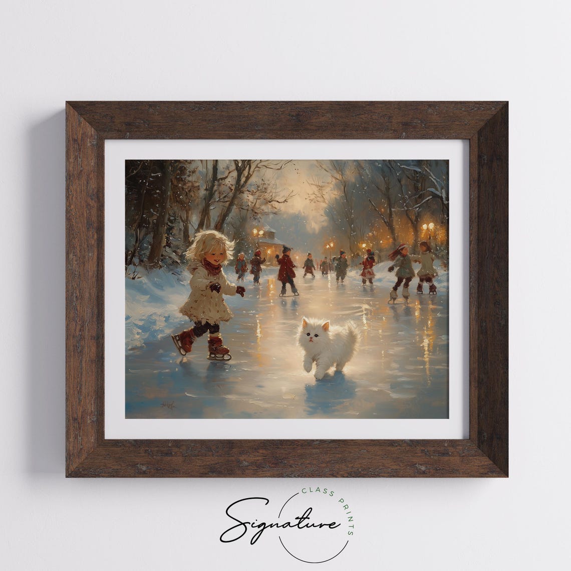 Little Girl Ice Skating With A White Kitten On A Frozen Pond Poster - Image 5