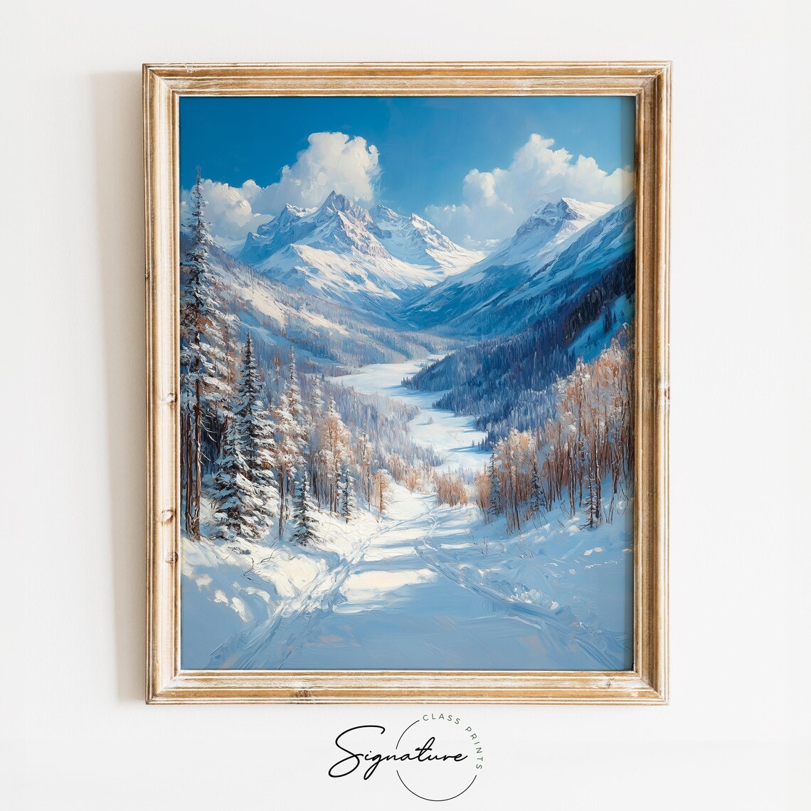 Snow Trail Winding Into A Remote Mountain Valley Oil Painting Style Poster