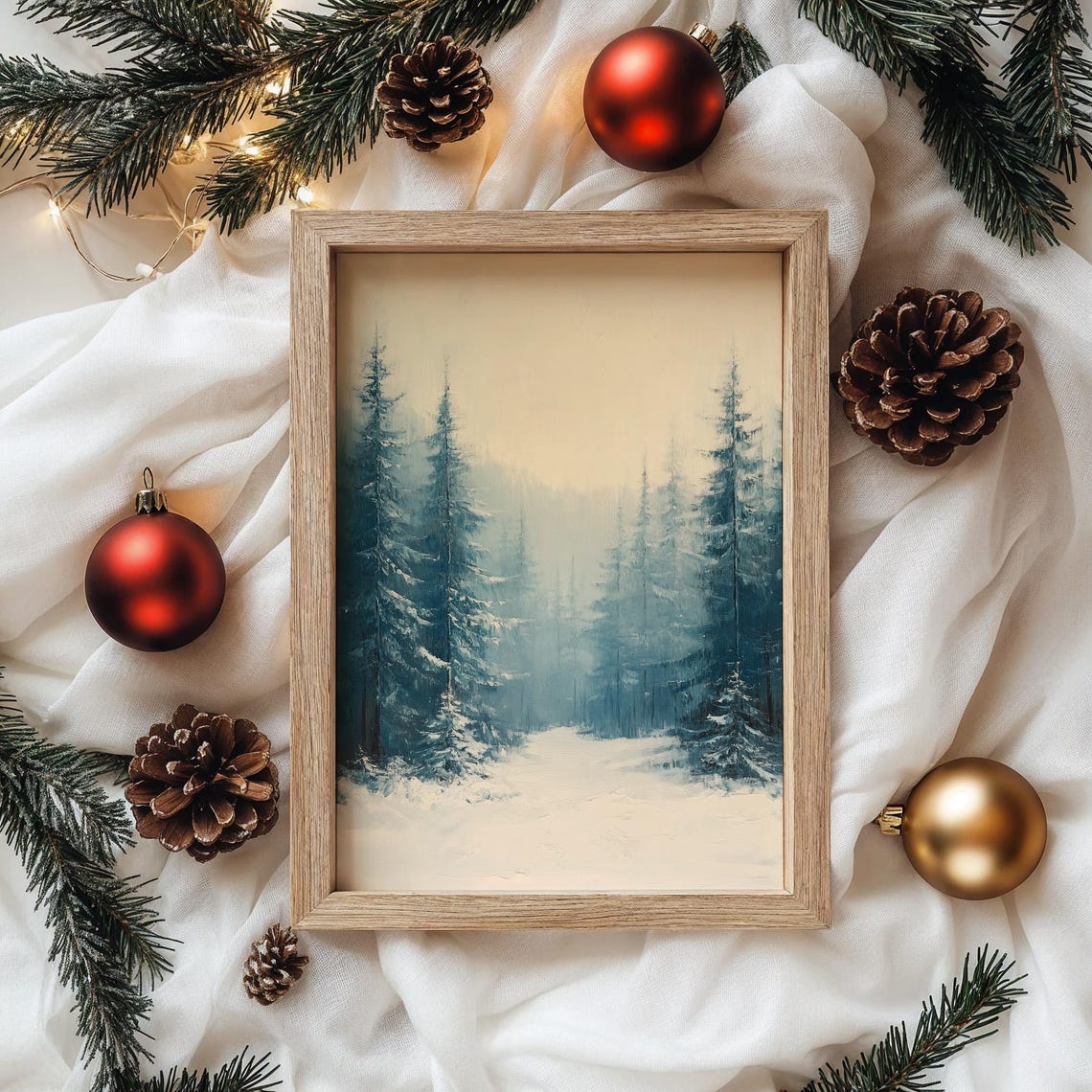 Misty Winter Pine Forest with Blue Green Treetops and Snow Poster - Image 4