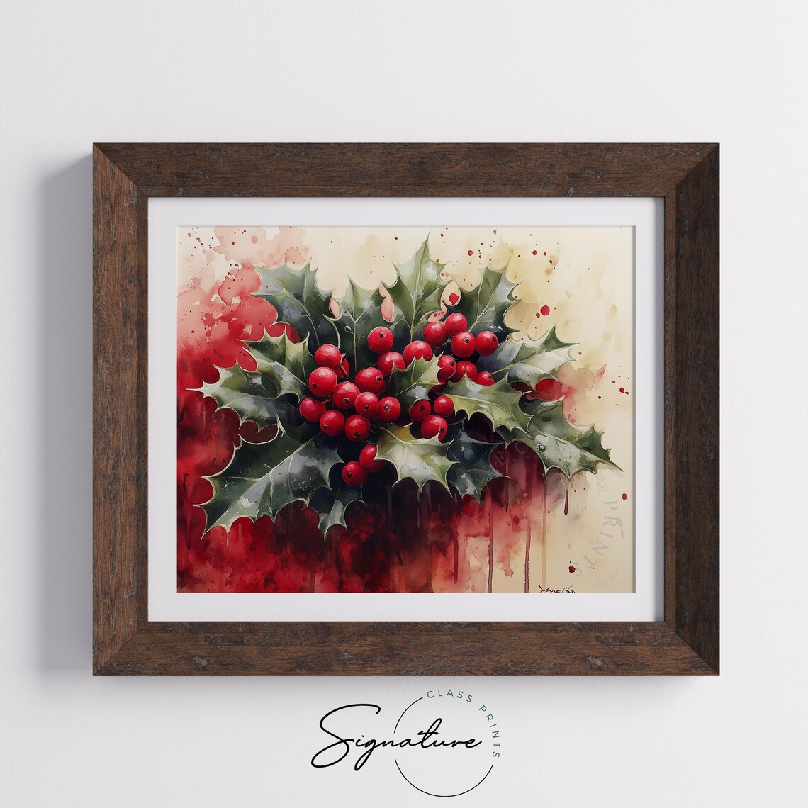 Christmas Holly Berries Watercolor Painting Holiday Season Wall Poster