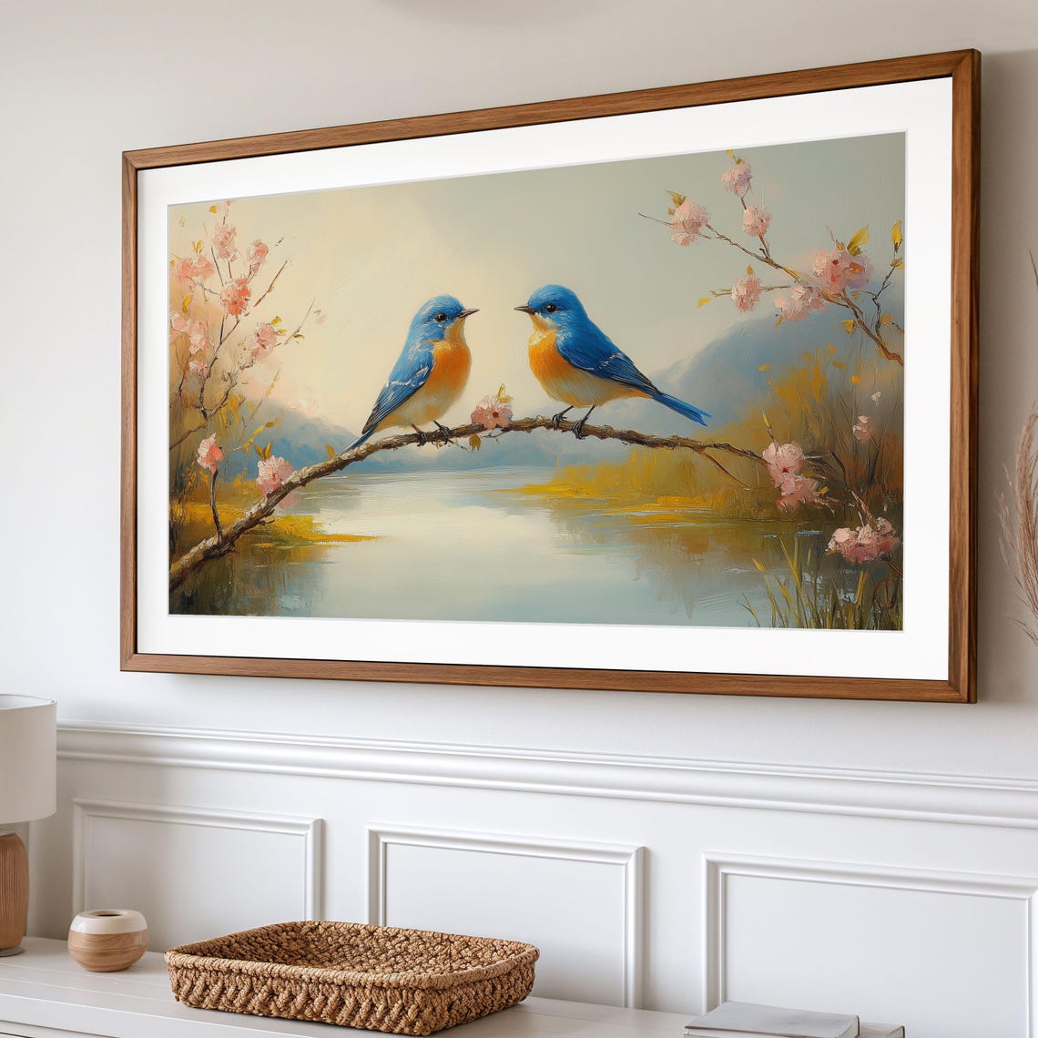 Bluebirds On Blossom Branch Lake Spring Frame TV Bird Art Print - Image 2