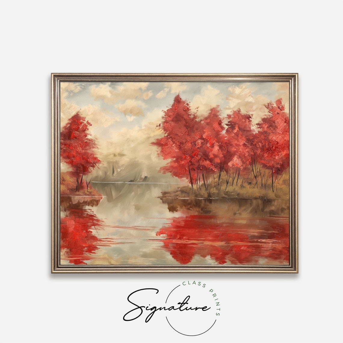 Scarlet Red Maple Trees Misty Lakeshore Tranquil Autumn Poster - Image 4