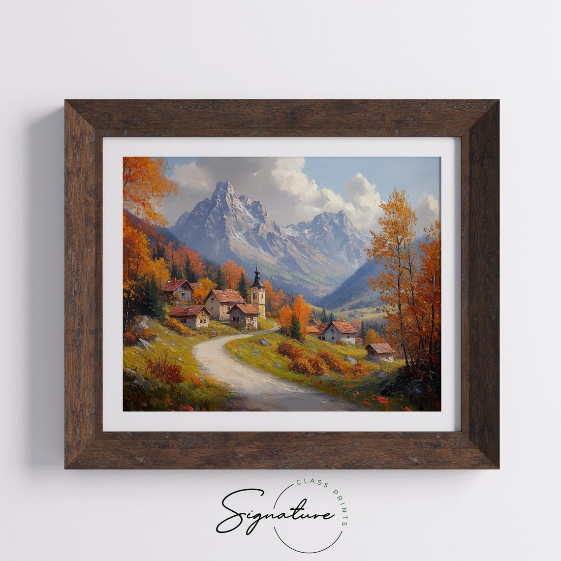 Alpine Village Chapel Snowy Peaks Autumn Oil Painting Poster - Image 5