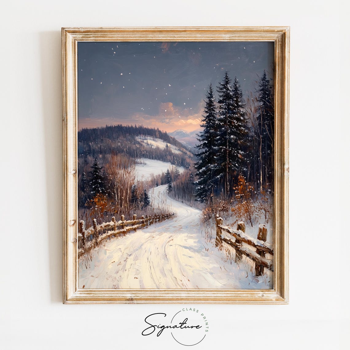 Snowy Scenic Mountain Road at Dusk under Pink Sunset Winter Poster