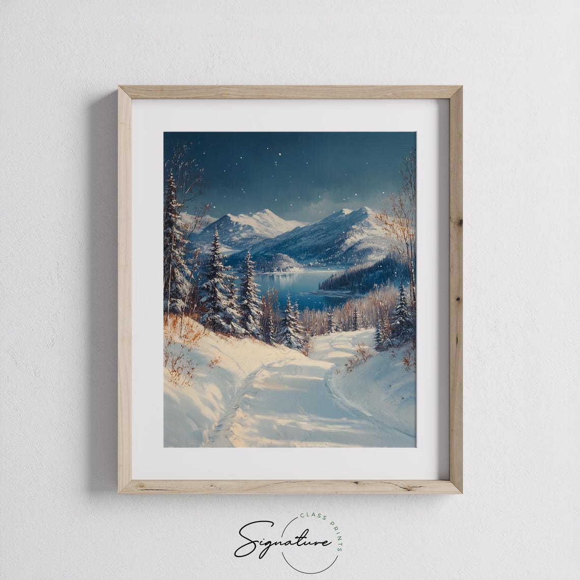 Snowy Mountains at Night over Blue Lake under Starry Winter Sky Poster - Image 2