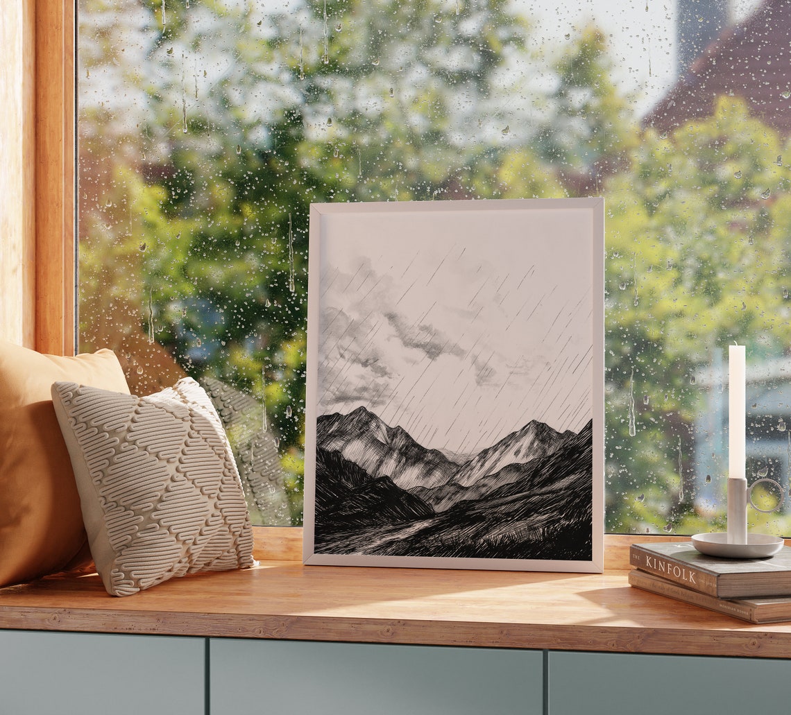 Dramatic Heavy Rain Over Rugged Mountain Range Pen Sketch Poster - Image 2
