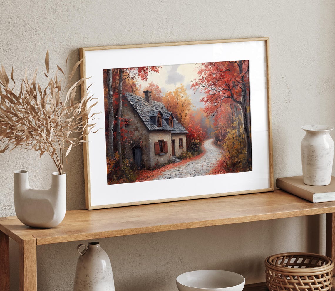 Stone Cottage With Red Shutters On Leaf Strewn Cobblestone Lane Poster - Image 4