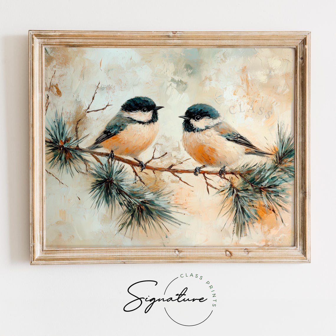 Pair Of Chickadees On A Pine Branch In Warm Winter Tones Poster