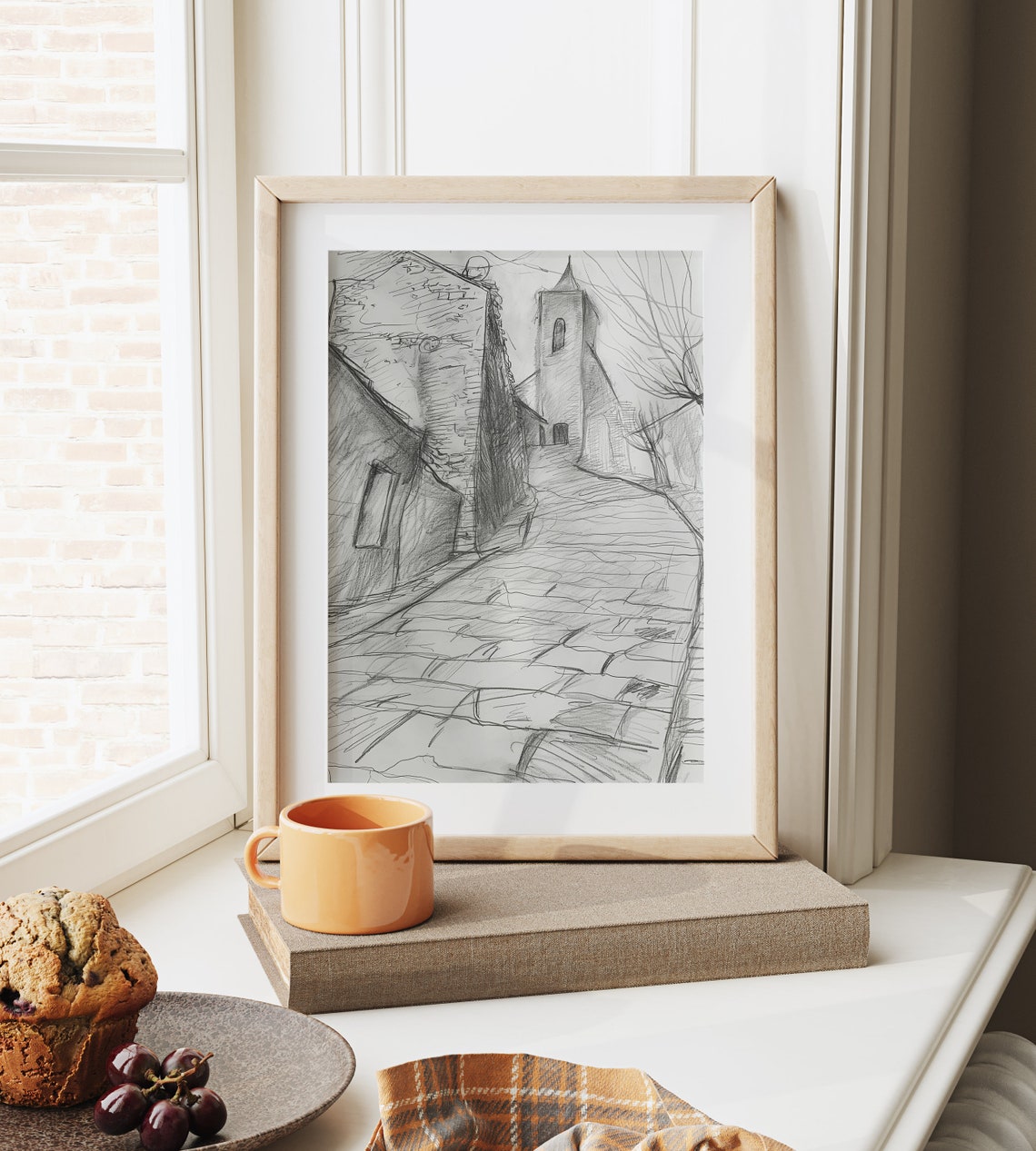 Cobblestone Path To Ancient Stone Church Vintage Sketch Poster - Image 6